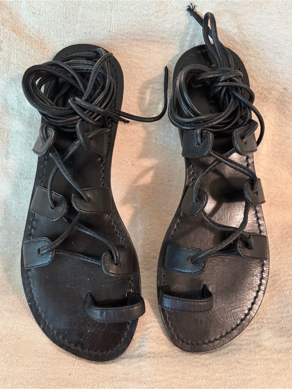 Johnny Was Black Leather Gladiator lace up sandals size 7